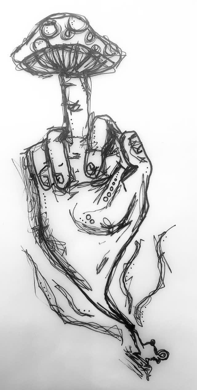 Gestural pen-and-ink drawing of a hand raising the middle finger, loose expressive linework on white paper.