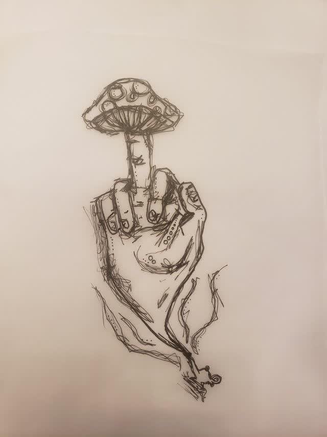 Pen drawing of a hand giving the middle finger, with a spotted mushroom cap growing from the raised fingertip; loose dotted details across the knuckles.